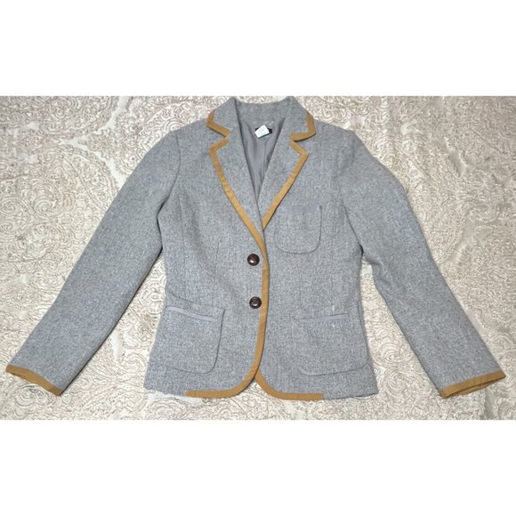 J Crew Size 6 Wool Blend Blazer Gray with Brown Piping Leather Look Buttons